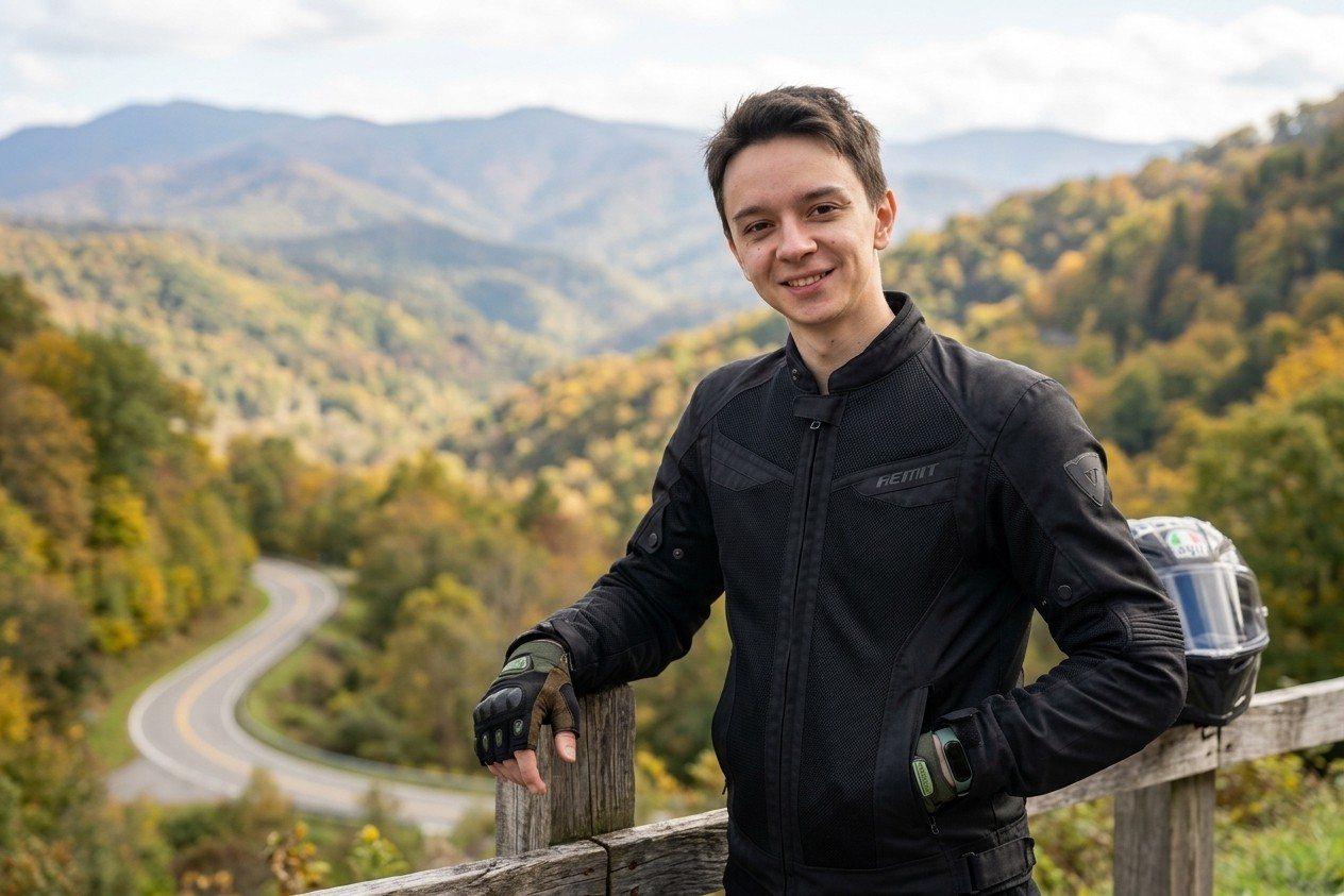 Alex Kietov smiling at a mountain viewpoint in autumn