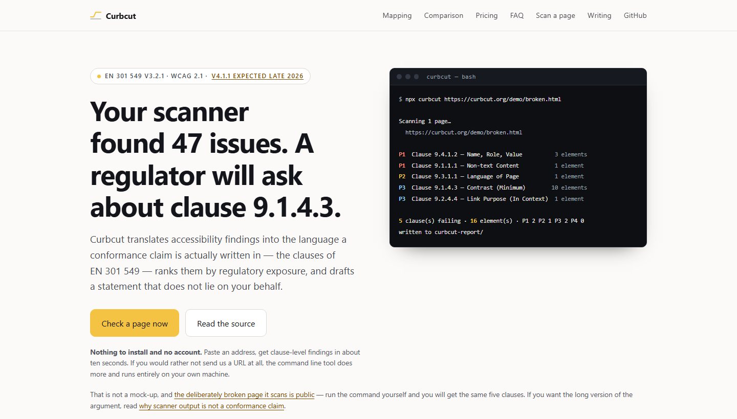 Curbcut homepage: accessibility findings mapped to EN 301 549 clauses