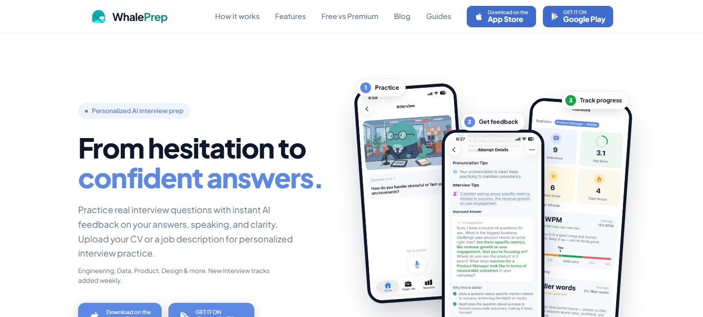 WhalePrep homepage: From hesitation to confident answers, with app screens