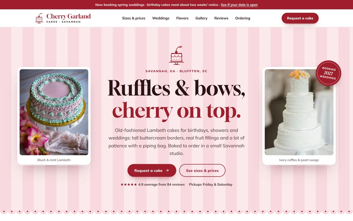 Cherry Garland Cakes homepage on a laptop