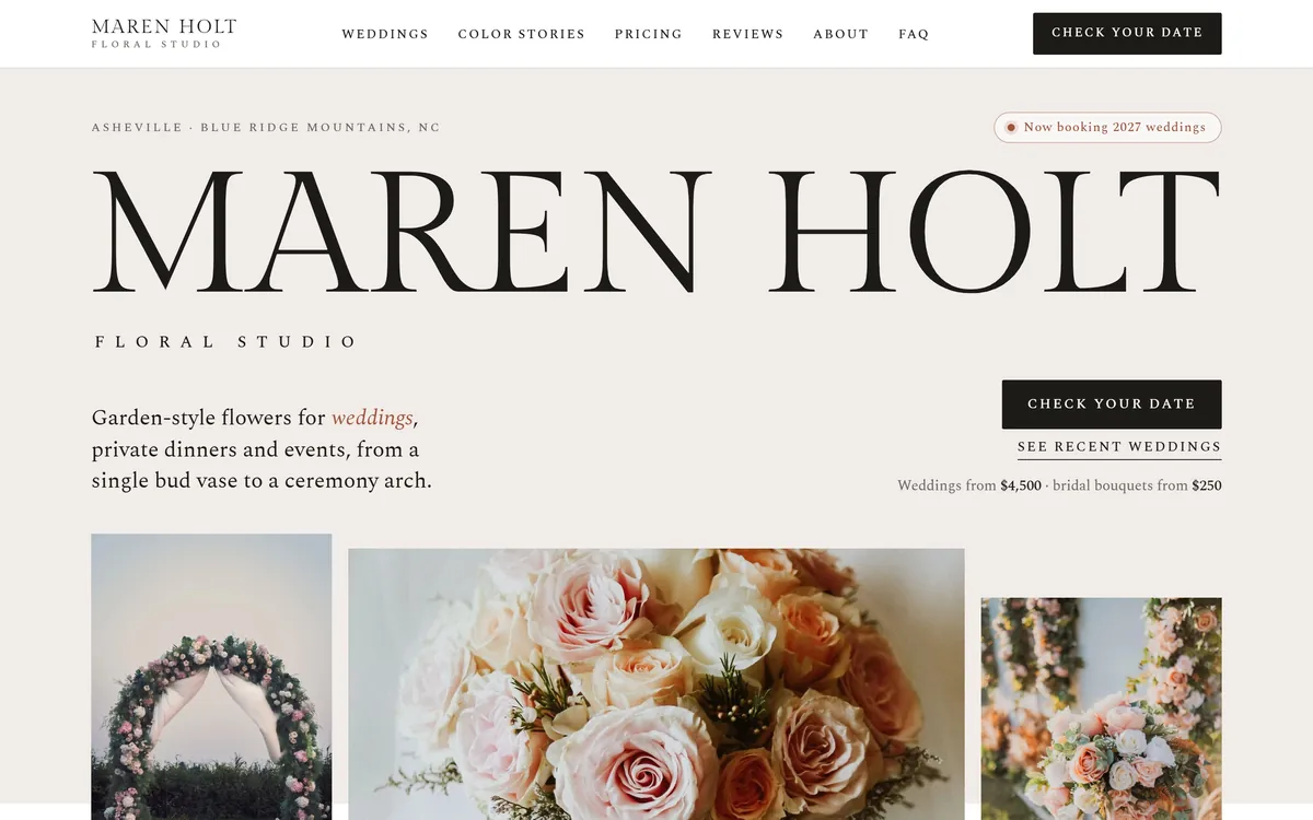 Maren Holt Floral Studio homepage on a laptop