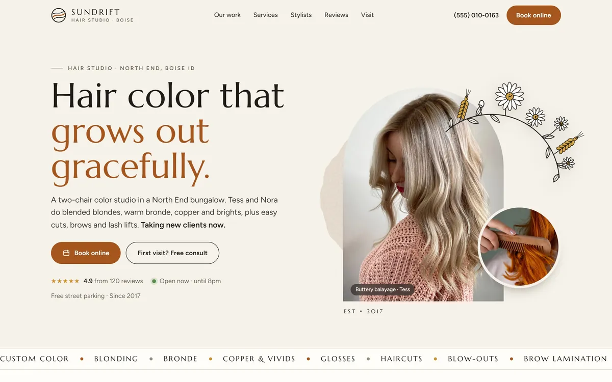 Sundrift Hair Studio homepage on a laptop