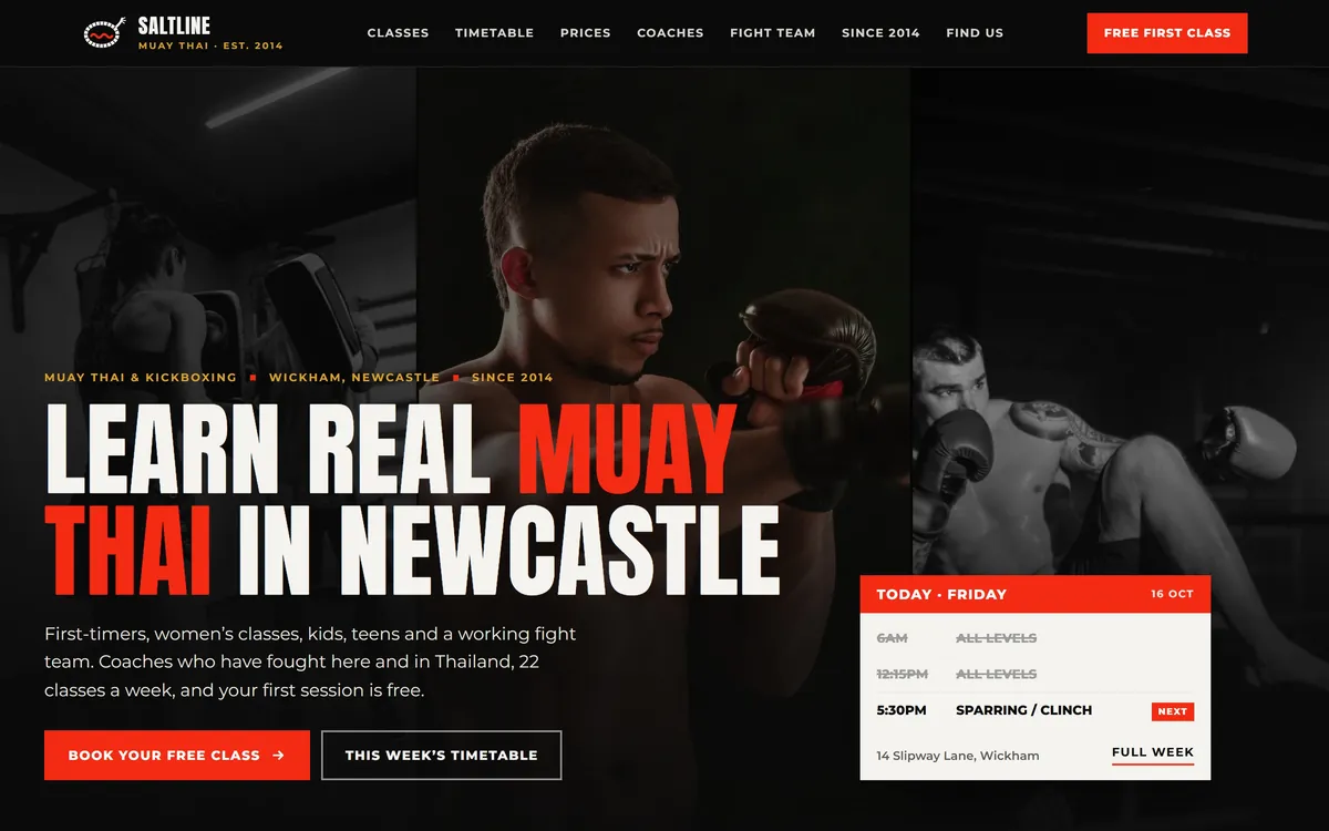 Saltline Muay Thai homepage on a laptop