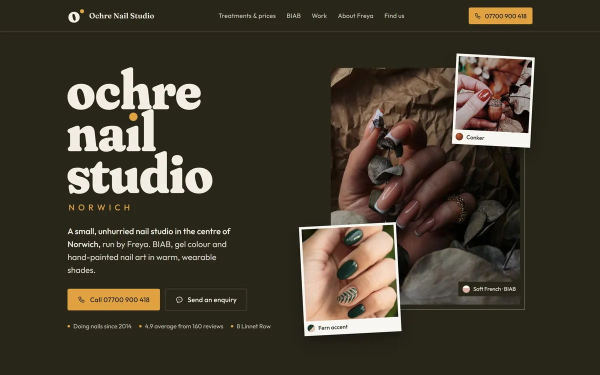 Ochre Nail Studio homepage on a laptop