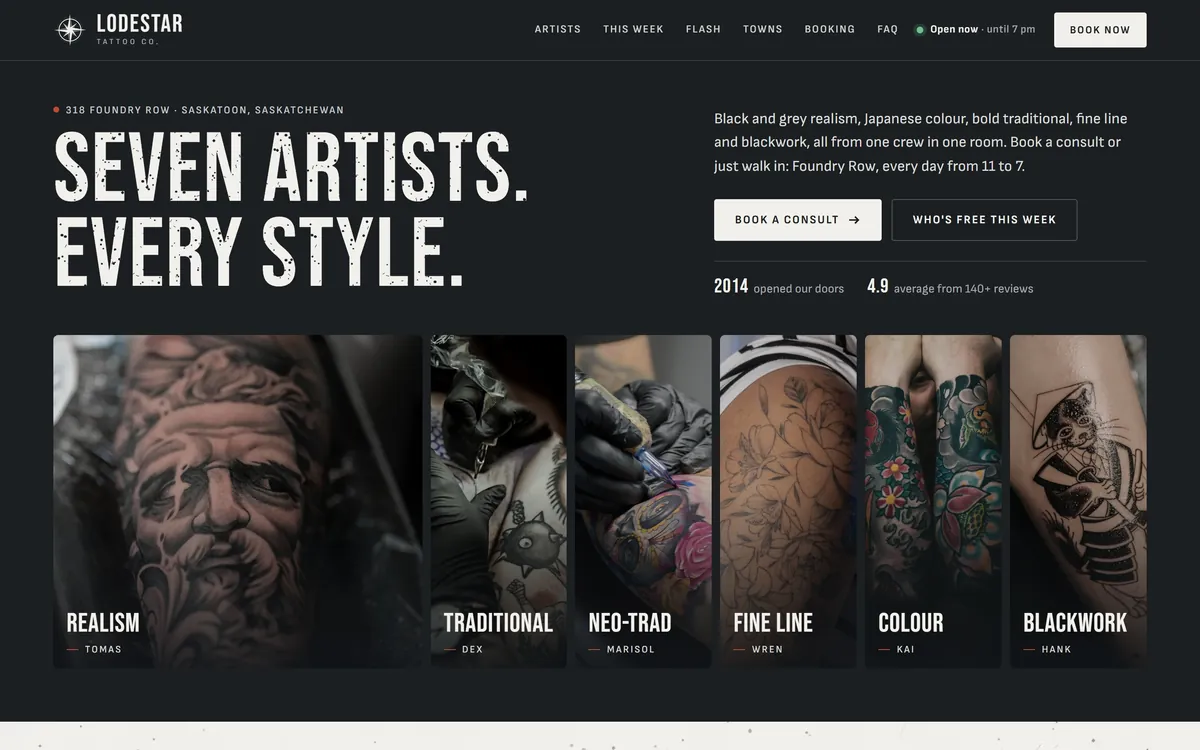 Lodestar Tattoo Co. homepage on a laptop