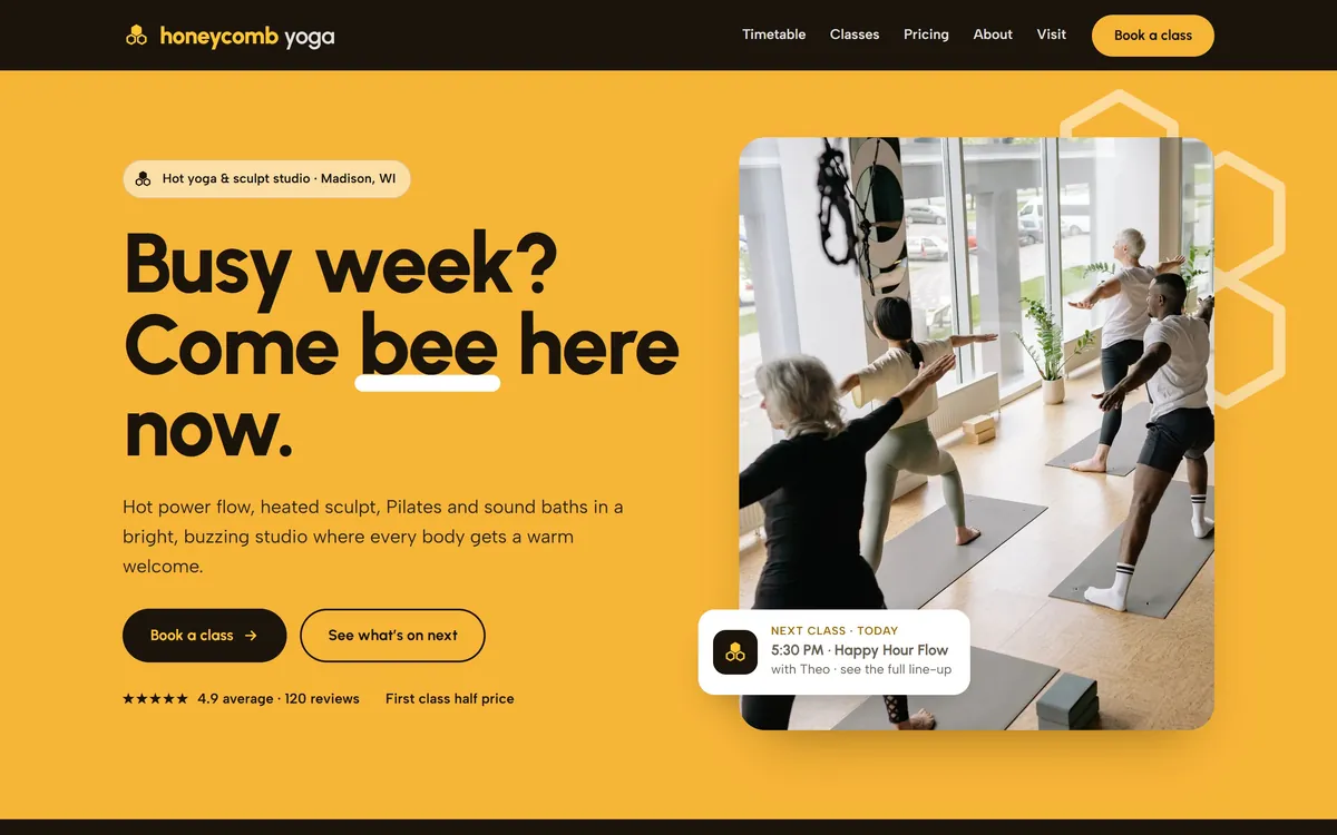 Honeycomb Yoga homepage on a laptop