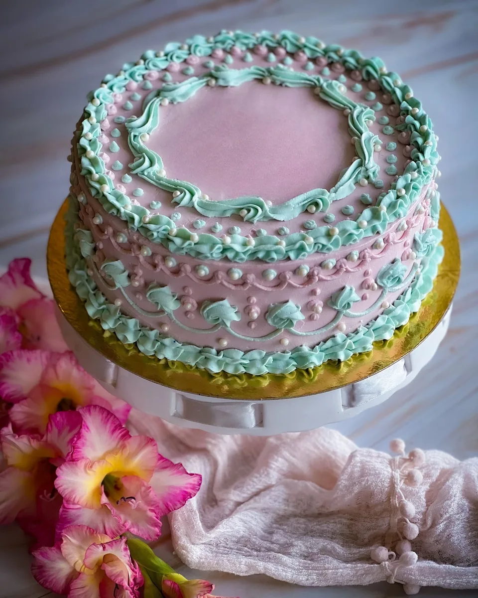 Round Lambeth cake in blush pink with mint shell borders and piped pearls, on a gold board beside pink lilies