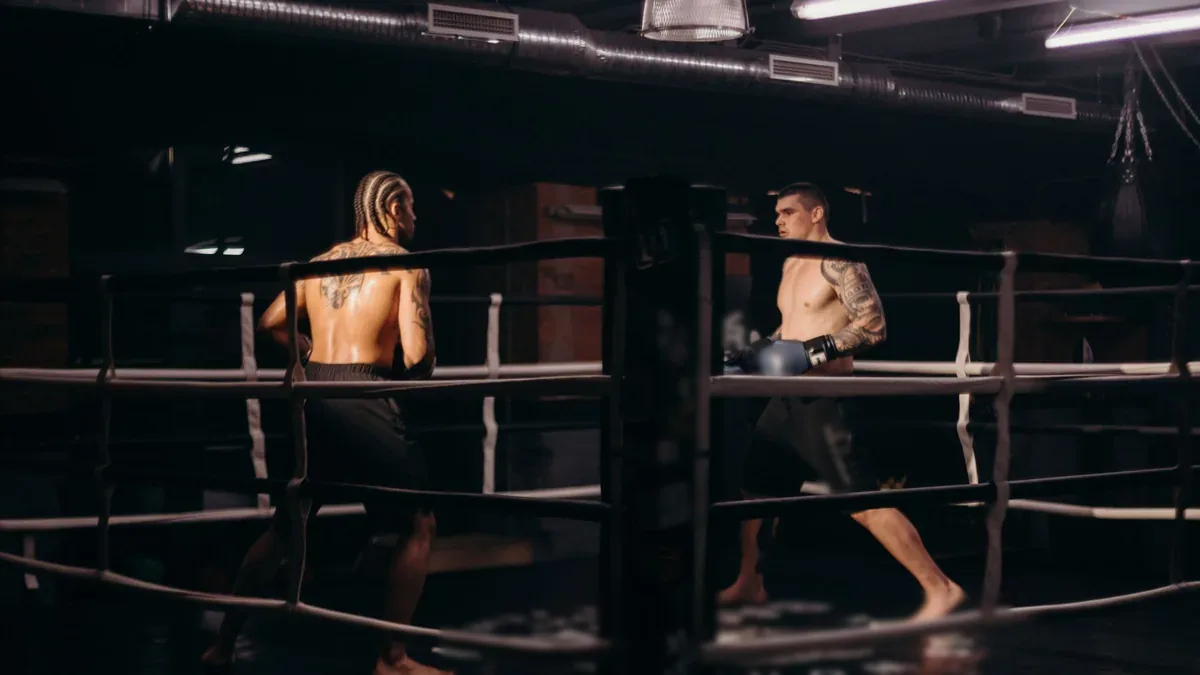 A late sparring round in the gym ring