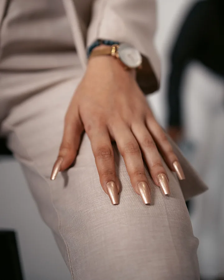 Long coffin nails in a champagne chrome finish